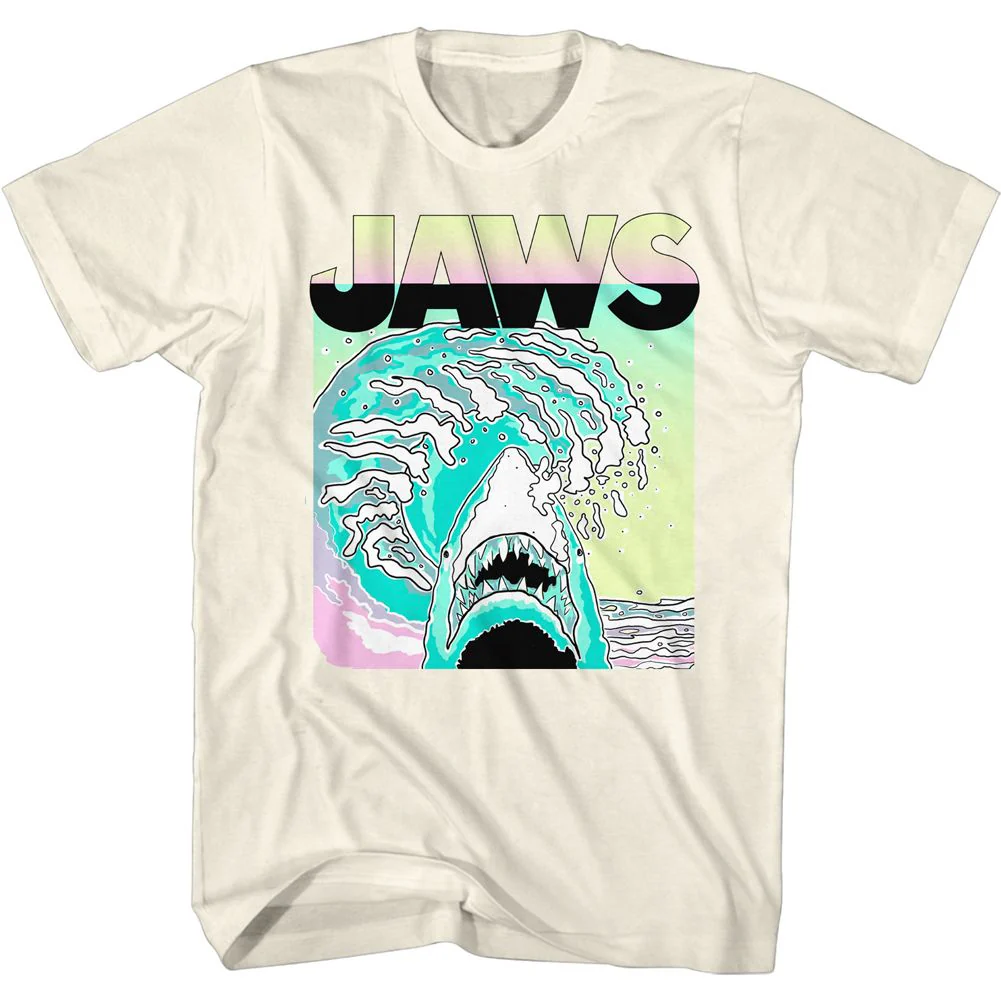 Unisex Adult T-shirt Rockinstone Jaws Movie Neon Waves Solid Natural Sizel