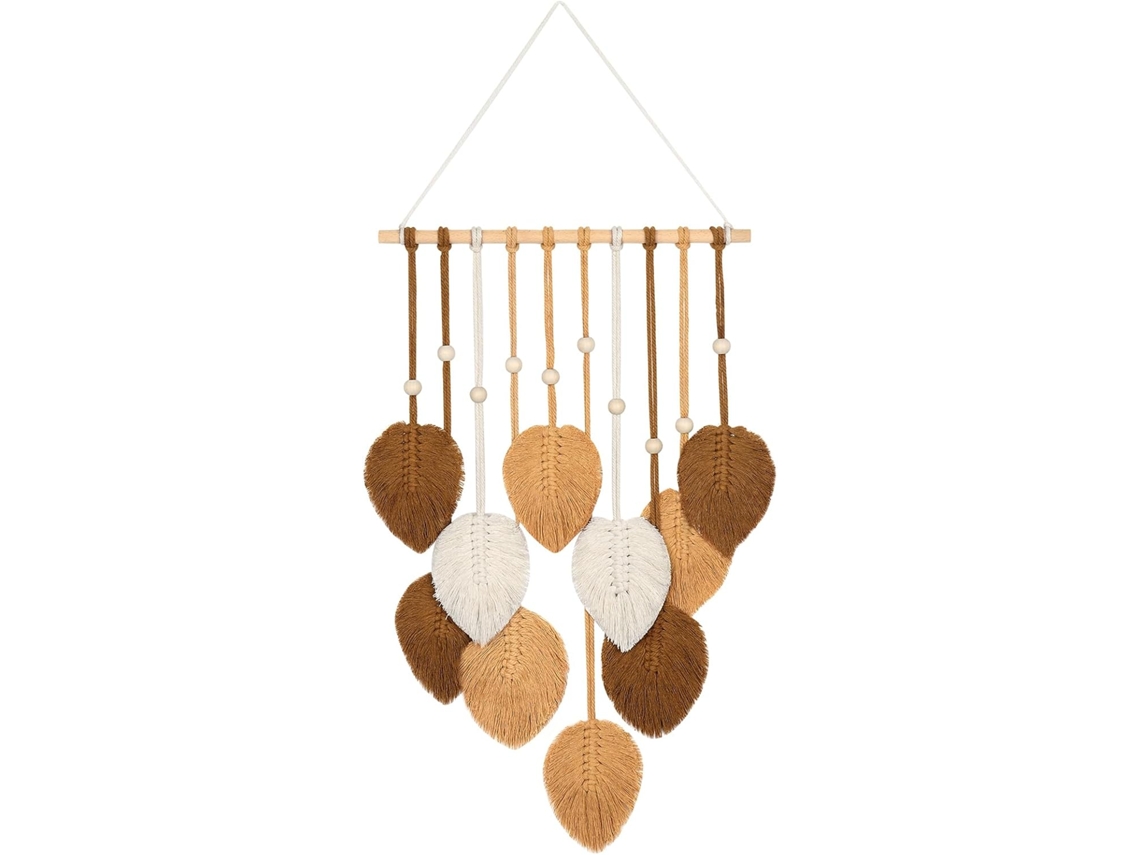 Tapeçaria de Parede em Macramê com Franjas Folhas Verdes, Estilo Boho Chic, Feita À Mão com Corda de Algodão BRILVIBERA
