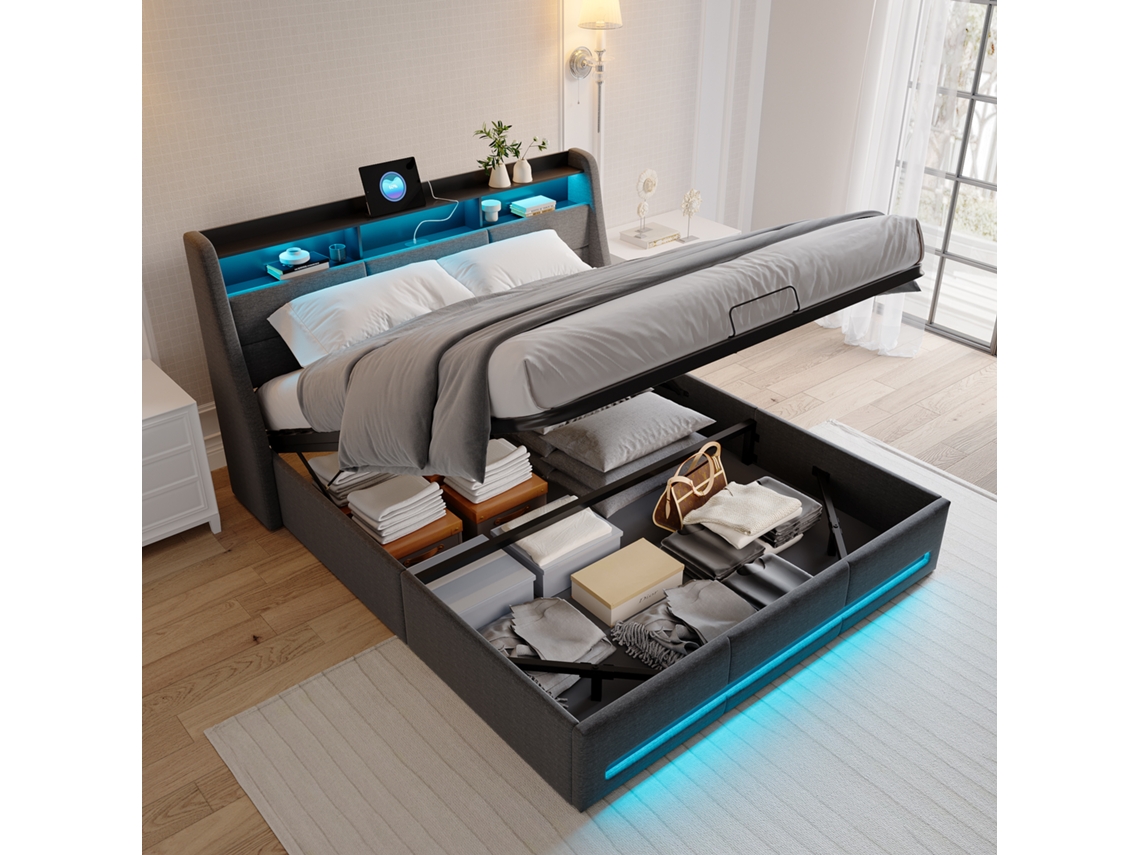 Cama De Casal 140 X 190 Cm, Cama Com Arrumação Hidráulica, Estofos Em Led, Faixas De Luz Na Cabeceira E Nos Pés Da Cama, Tecido De Linho, Cinzento