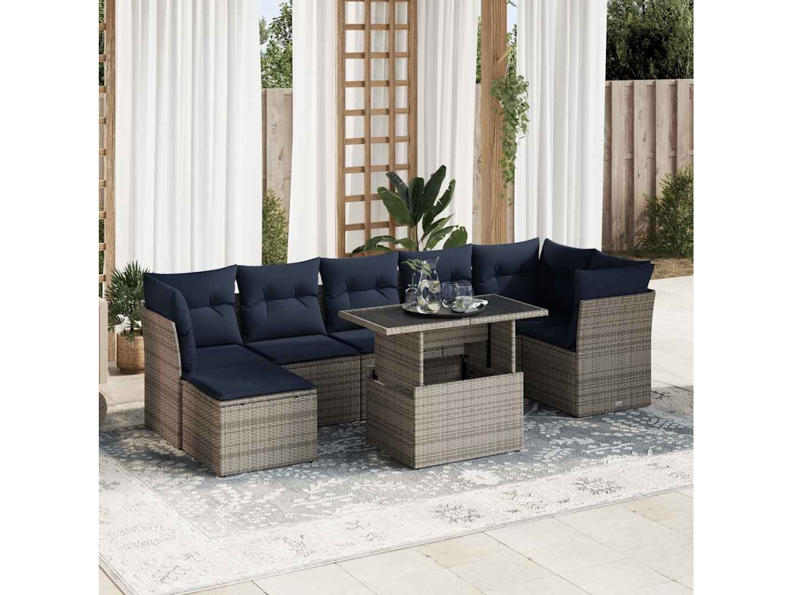 Vidaxl 8 Pcs Conjunto Sofás Jardim Almofadões Vime Pe/acácia Cinzento