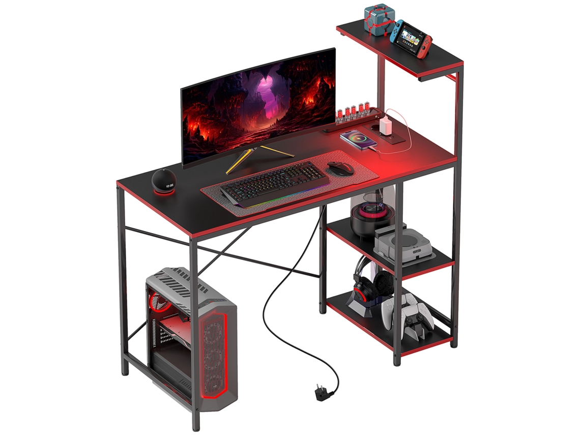 Secretária Gaming com Luzes Led 100x50 Cm Secretária Gaming de Fibra de Carbono com Tomadas de Corrente e Controlo Remoto Preto Ge