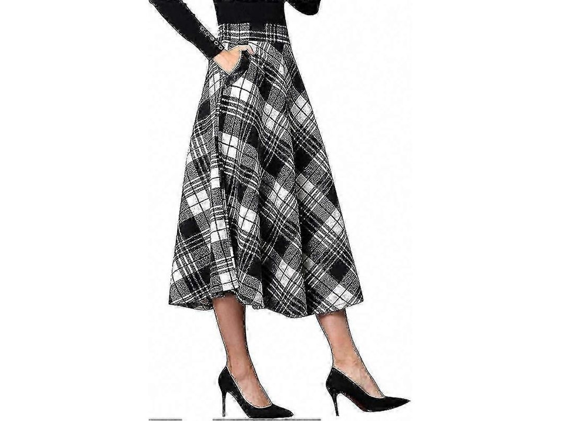 Saia Maxi Tartan De Lã A-line, Cintura Alta Elástica, Zíper Lateral, Bolsos, Tamanho Longo, Inverno/outono/primavera, Preto Meio Canela Preto Branco