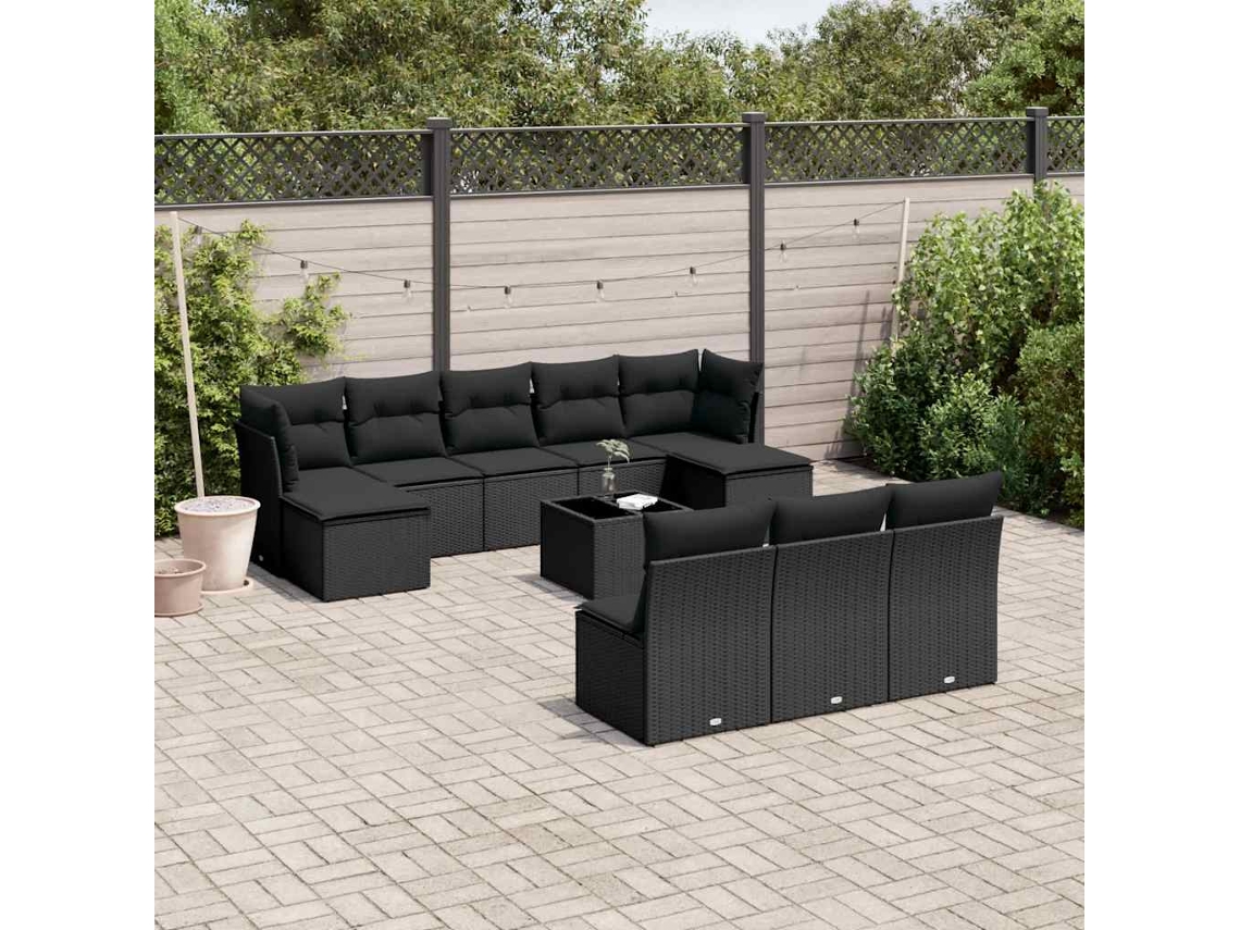 Vidaxl 11 Pcs Conjunto Sofás De Jardim C/ Almofadões Vime Pe Preto