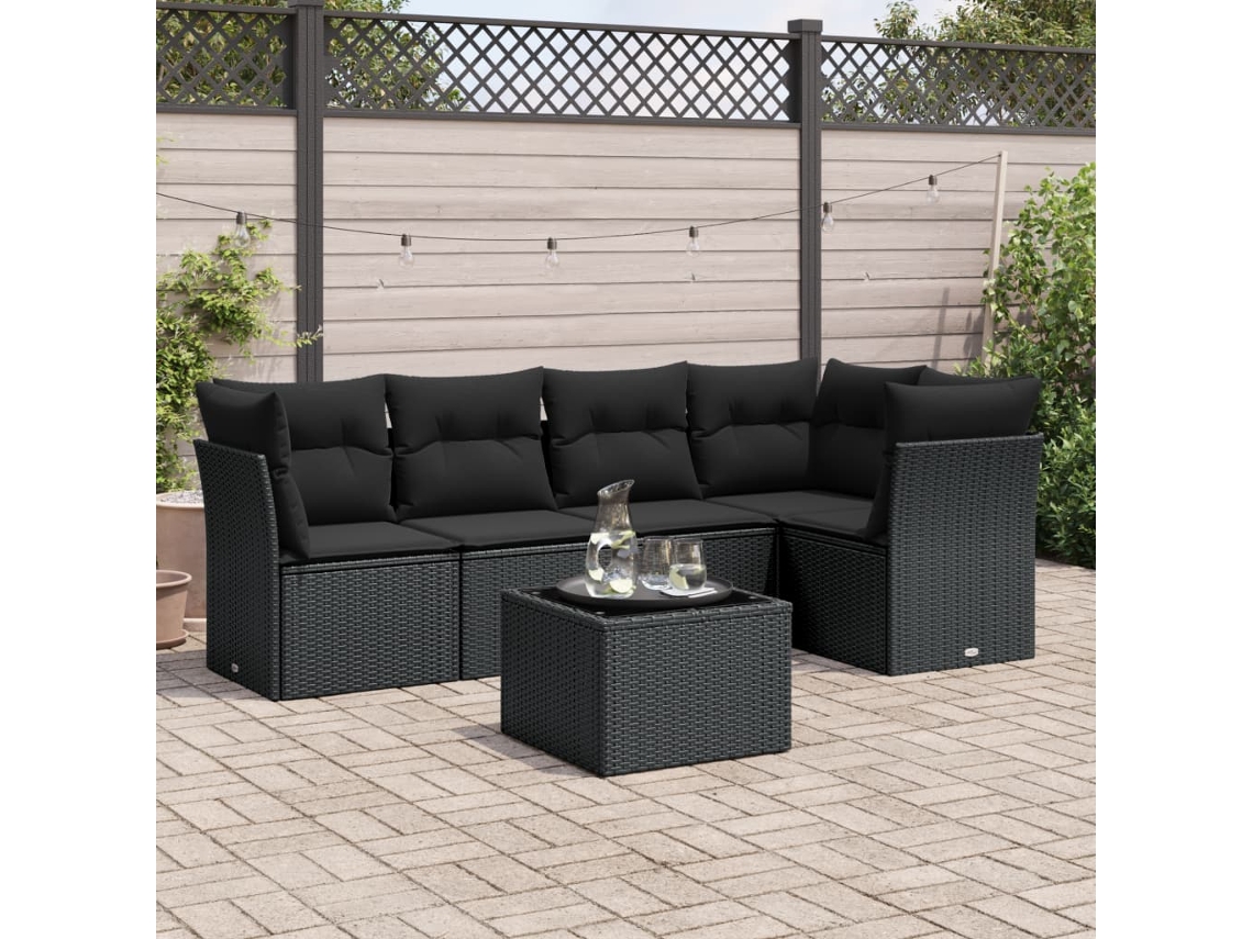 Vidaxl 6 Pcs Conjunto Sofás De Jardim C/ Almofadões Vime Pe Preto