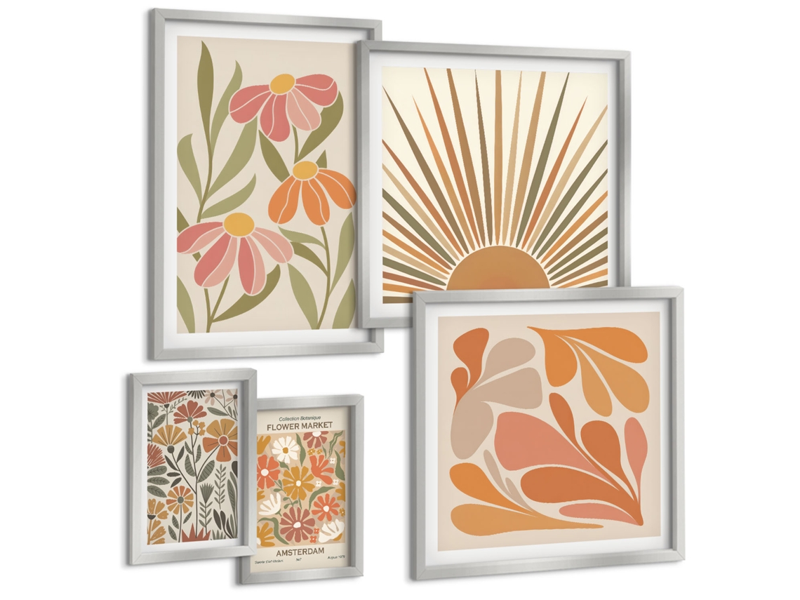 Conjunto De Pinturas Estilo Boho Flores Geométricas Espelharte (5 Peças)