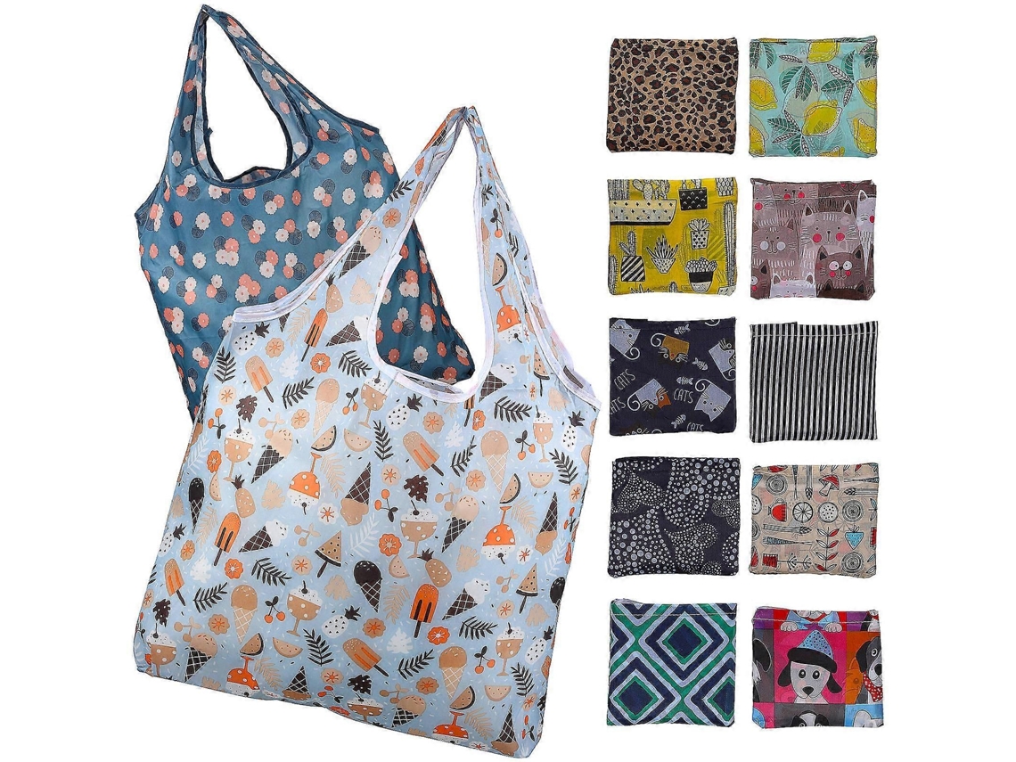 Conjunto de 12 Sacolas de Compras Reutilizáveis ​​e Dobráveis ​​com Estampas Sacolas Laváveis ​​para Uso Diário, Praia e para uma Experiência D GOKOCO
