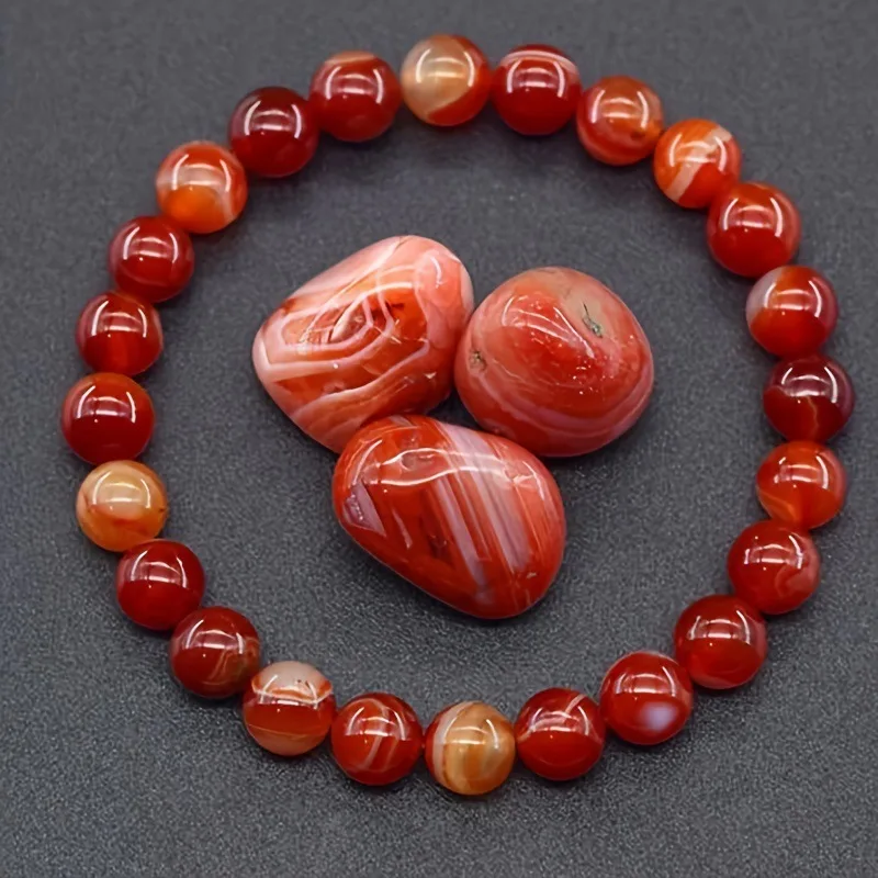 Pulseira De Contas De Pedra Natural (ágata Listrada Vermelha, 19 Cm), Amuleto De Cura Para Yoga E Reiki, Pulseira Da Sorte.