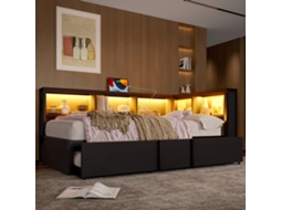 Cama Dia Metálica 90x200cm Com Cama Extra, Armários, Luz Led E Usb, Preta.
