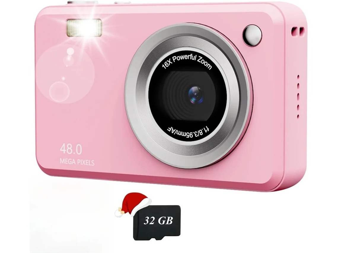 Câmera digital portátil compacta Yizhood HD de 48 MP com cartão de 32 GB, rosa