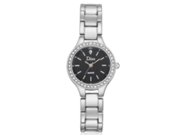 Relógio feminino de quartzo com strass, elegante pulseira de liga metálica, prata e preto.