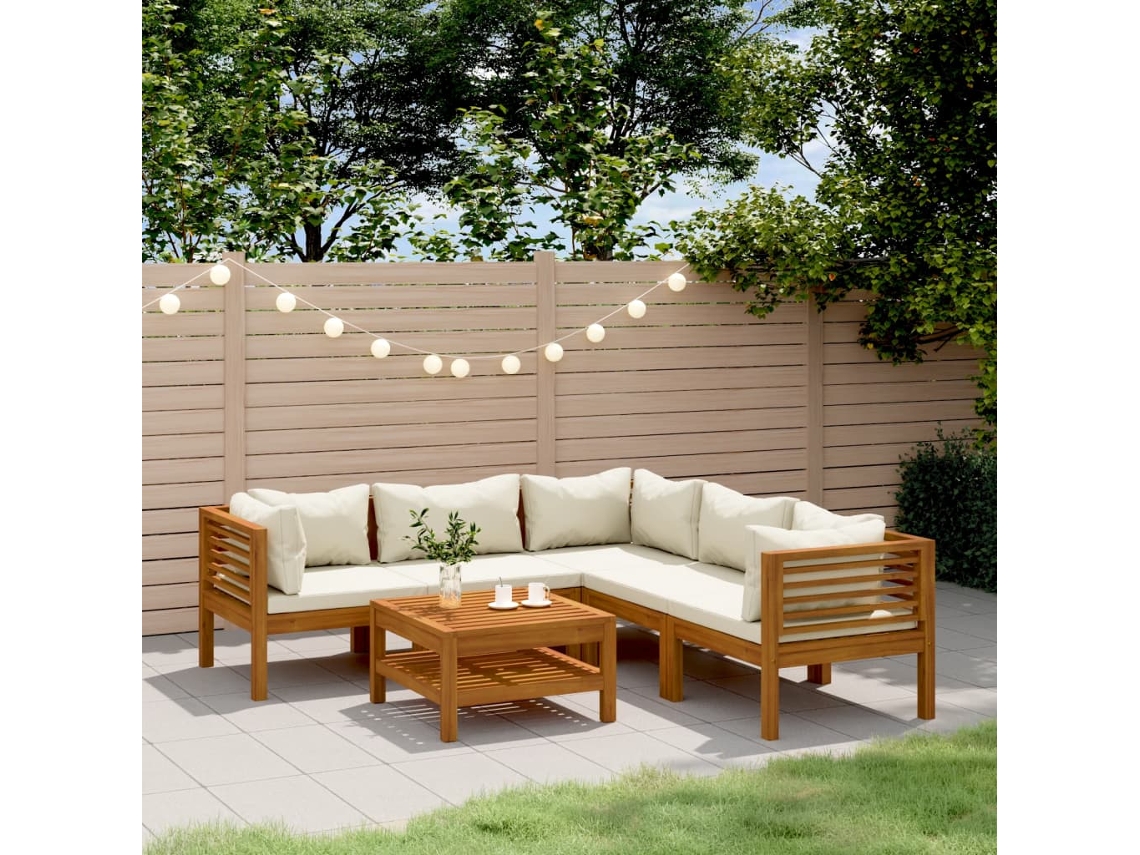 6 Pcs Conjunto Lounge Jardim C/ Almofadões Creme Acácia Maciça Dkd Home Decor