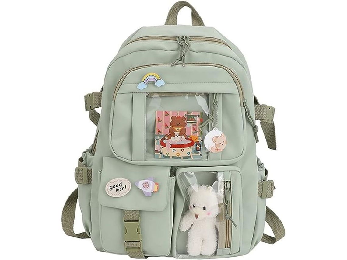 Mochila Escolar Kawaii Com Pins E Acessórios De Urso, Grande Capacidade, Múltiplos Bolsos (verde)