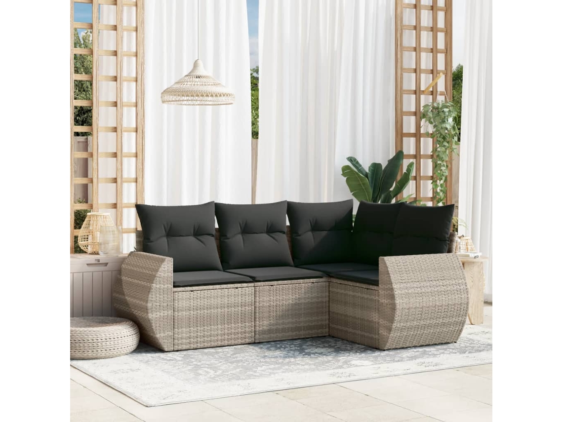 Vidaxl 4 Pcs Conj. Sofás Jardim C/ Almofadões Vime Pe Cinzento claro