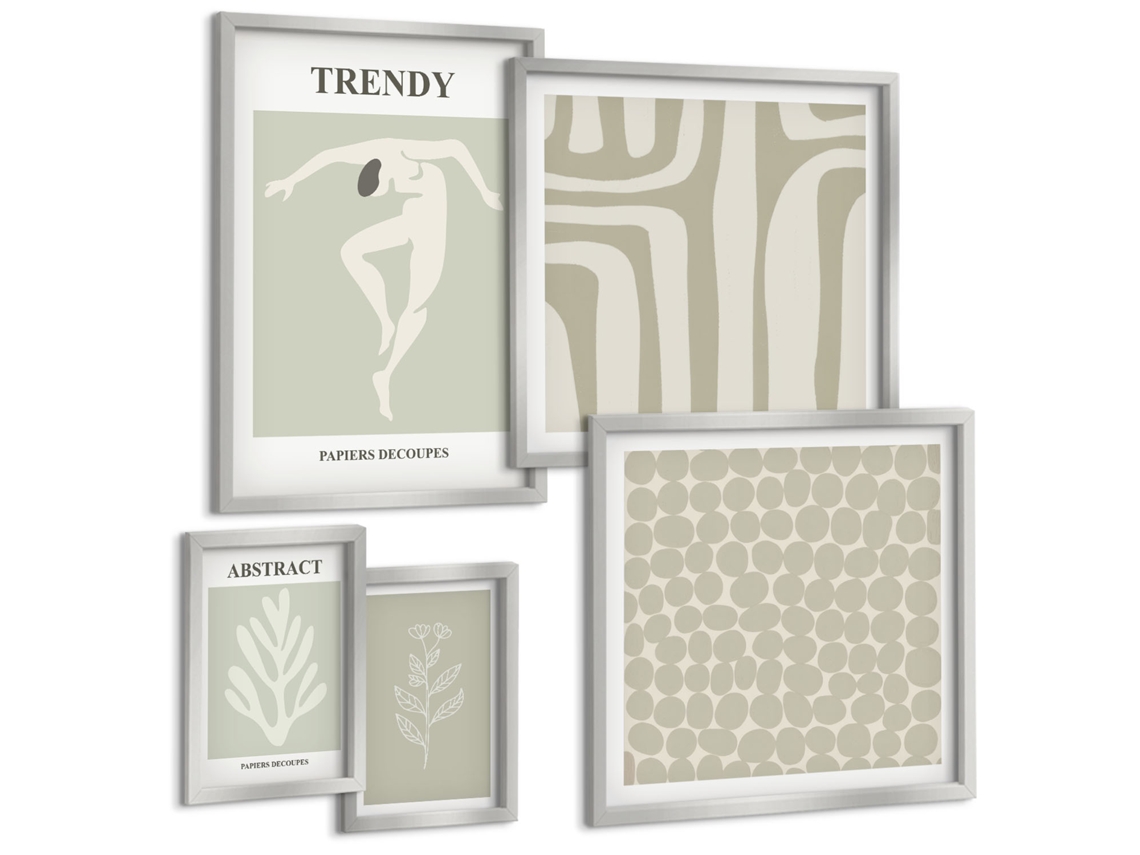 Conjunto De Pinturas Gráficos Estilosos De Verde Abstração Espelharte (5 Peças)