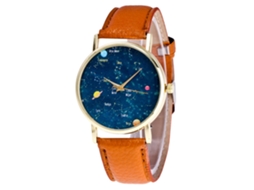 Relógio de Pulso Feminino Simples com Mostrador de Estrelas Pulseira Pu Quartzo Marrom