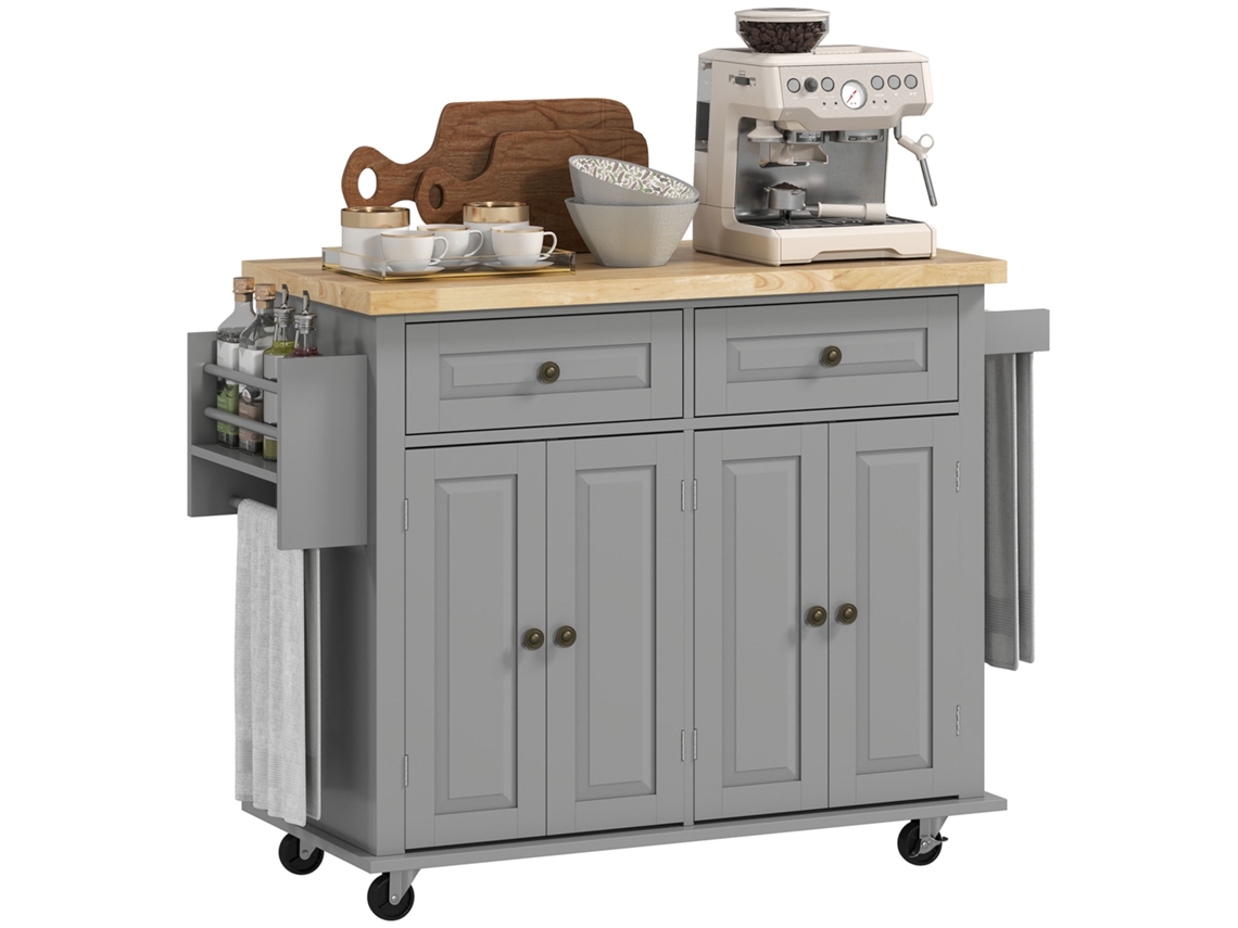 Ilha de Cozinha com Rodas Móveis Auxiliares de Cozinha com Suporte de Temperos e Barra Lateral 111x44,5x82,5 Cm Cinza Ge