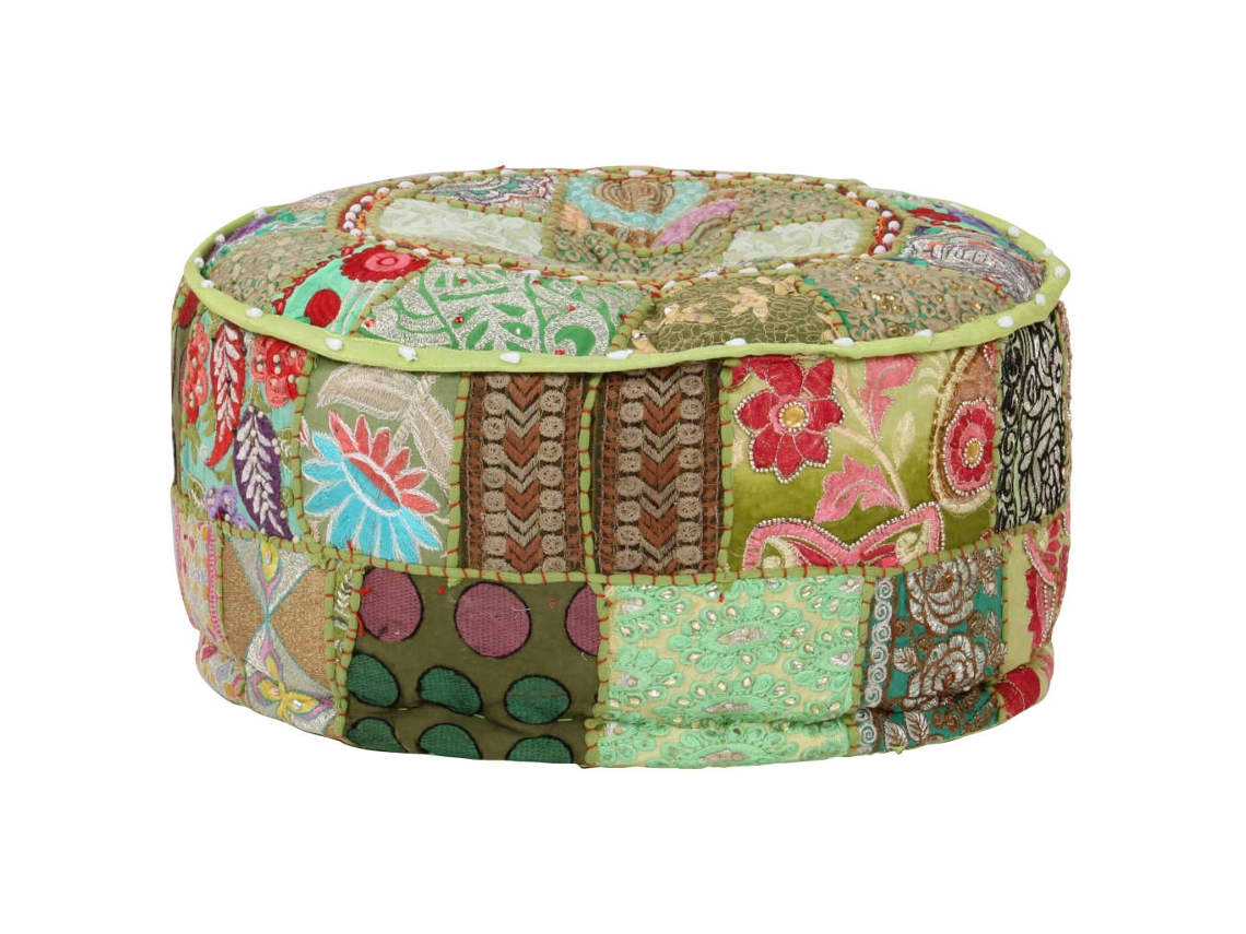 Vidaxl Pufe De Retalhos Redondo Algodão Artesanal 40x20 Cm Verde