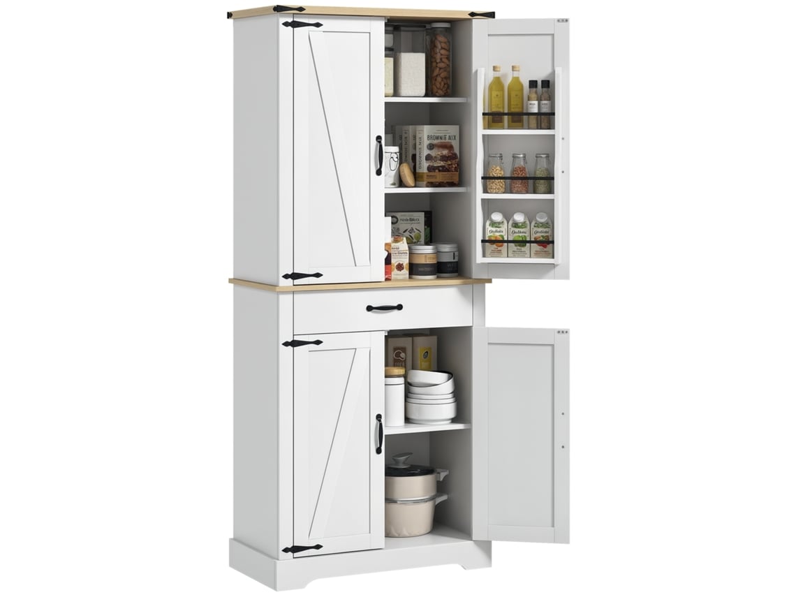 Armário/Aparador de Cozinha Vista, 4 portas, 6 prateleiras, 1 gaveta, ajustáveis, 76,5x40x181cm, branco