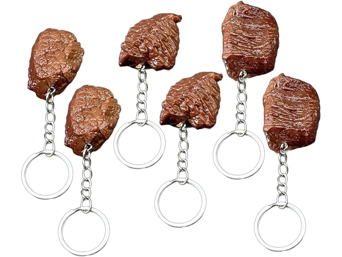 Conjunto de 6 Chaveiros Artificiais em Formato de Bife, Figuras de PVC com Aparência Realista.