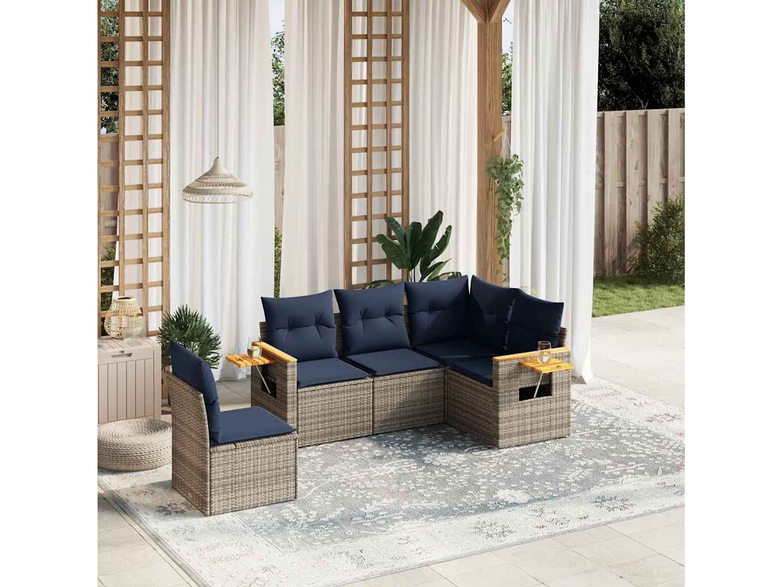 Vidaxl 5 Pcs Conjunto Sofás P/ Jardim C/ Almofadões Vime Pe Cinzento