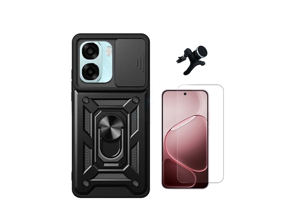 Kit Vidro Temperado Cleargorilasglass Capa De Proteção Militar Magnética Janela Suporte Magnético Com Pernas Gift4me Para Oppo A6 - Preto