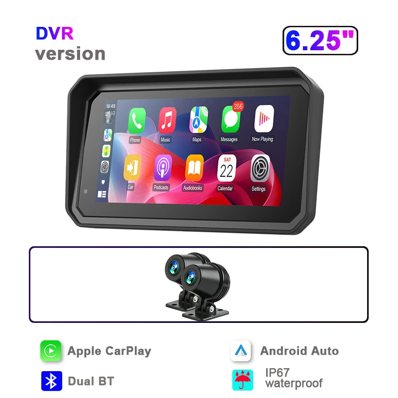 (dvr 4k) Navegação Para Motocicleta De 6,25 Polegadas, Carplay Sem Fio, Câmera Veicular À Prova D'água
