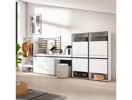 Sapateira 357X145X35 Cm para Quarto Dormitório Roupeiro Aberto Cómoda Tiras Deco. Madeira Toucador Branco SKRAUT HOME