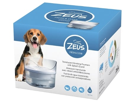 Bebedero Fuente de Agua Fresca y transparente para perros con protector contra salpicaduras Zeus Fresh & Clear, 1,5 l