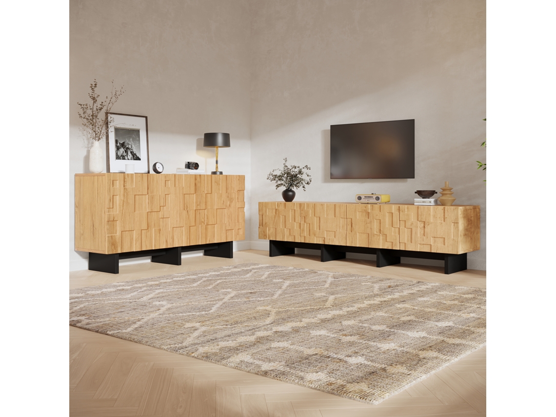 Conjunto De Aparador E Móvel Para Tv Com 4 Portas, Acabamento Em Madeira Natural E Detalhes Pretos, Compatível Com Tvs De 75 Polegadas