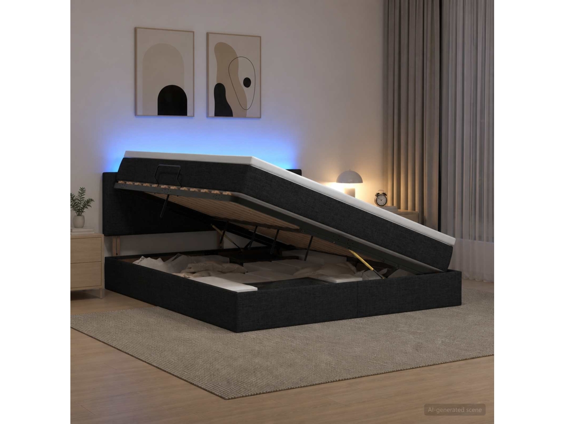 Vidaxl Cama De Armazenamento Led Com Colchão Preto 160 X 200 Cm Tecido