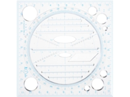 Mesa multifuncional de plástico com gabarito circular, escala clara e capa ergonômica para estudantes.