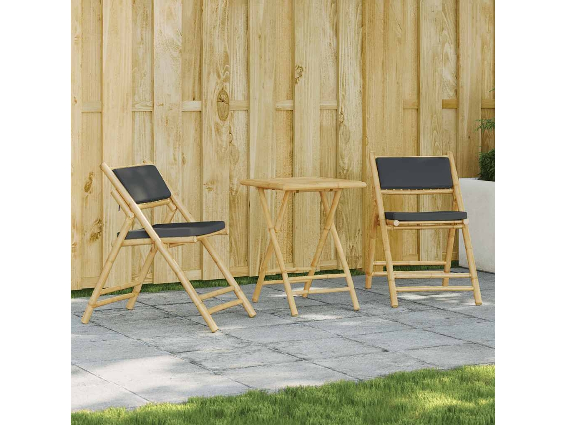 Vidaxl 3 Pcs Conjunto Bistrô Dobrável C/ Almofadões Cinza Escuro Bambu