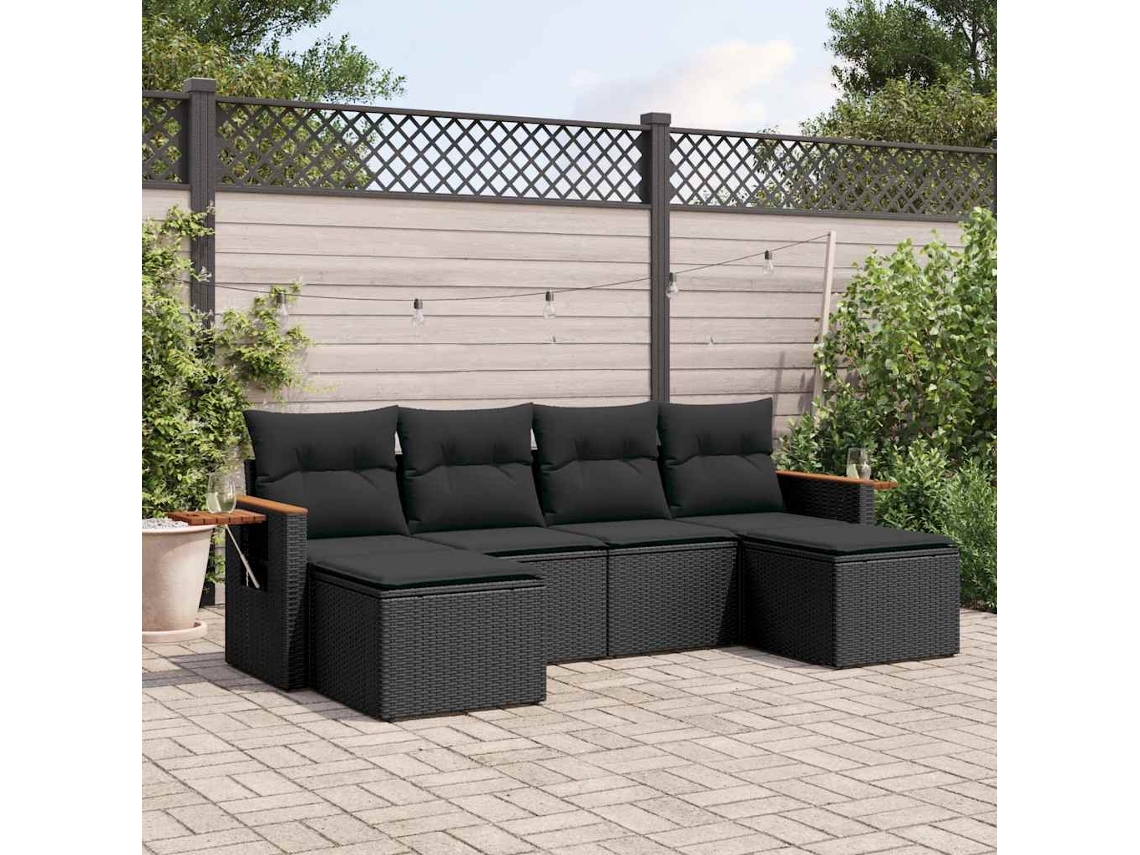 Vidaxl 6 Pcs Conjunto Sofás De Jardim C/ Almofadões Vime Pe Preto