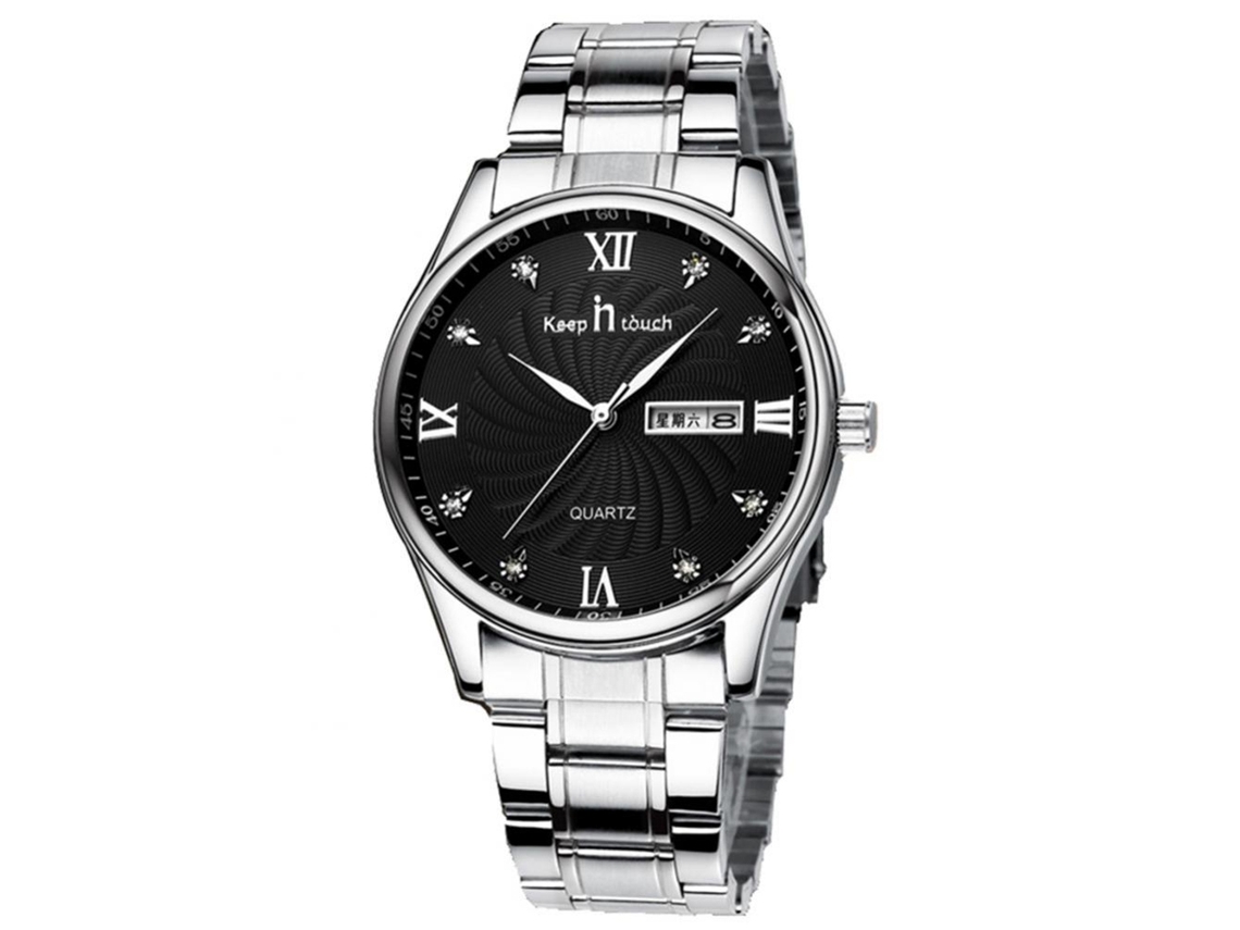 Relógio de casal casual masculino em aço com pulseira de aço e mostrador preto.