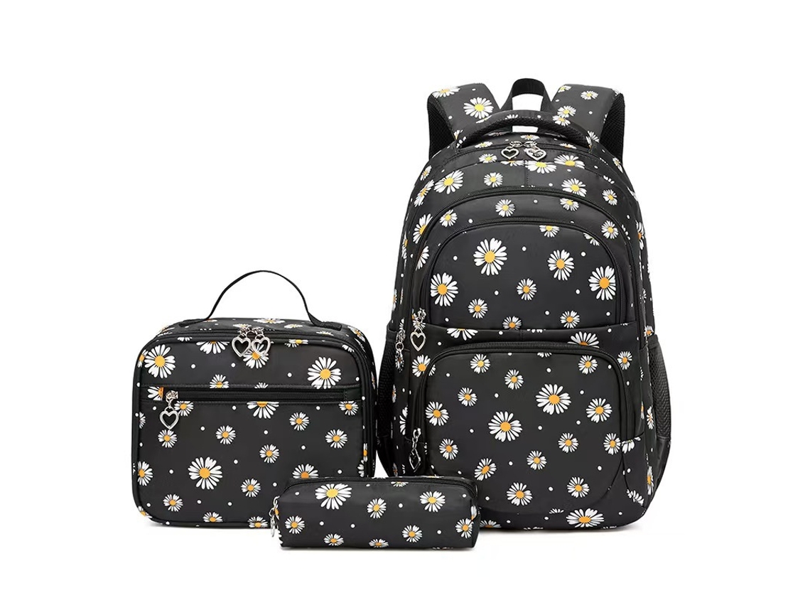Conjunto Mochila Margaridas 3 Peças Em Nylon Impermeável, Mochila + Bolsa Térmica + Estojo Para Alunos