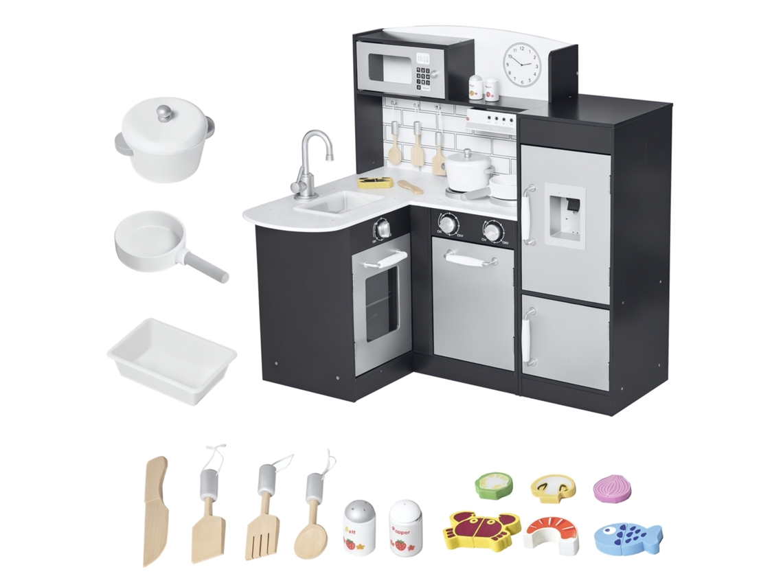 Cozinha de brinquedo de madeira com 14 acessórios, forno, pia, geladeira, micro-ondas, 86x64x84,5cm, marrom | S/MARCA