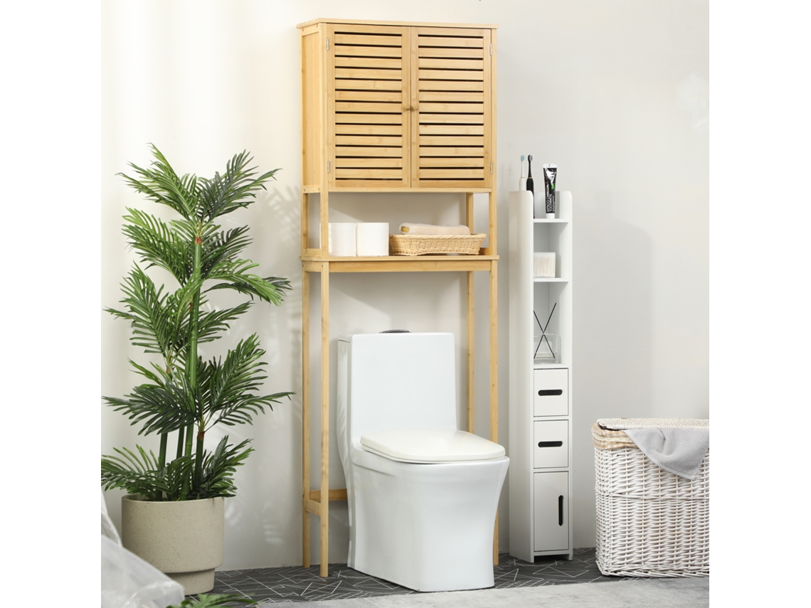 Kleanklin Móvel de Bambú Sobre Sanita Armário Alto para C.banho com 2 Portas 1 Prateleira Interior e 1 Armazen. 60x23x173cm Natural