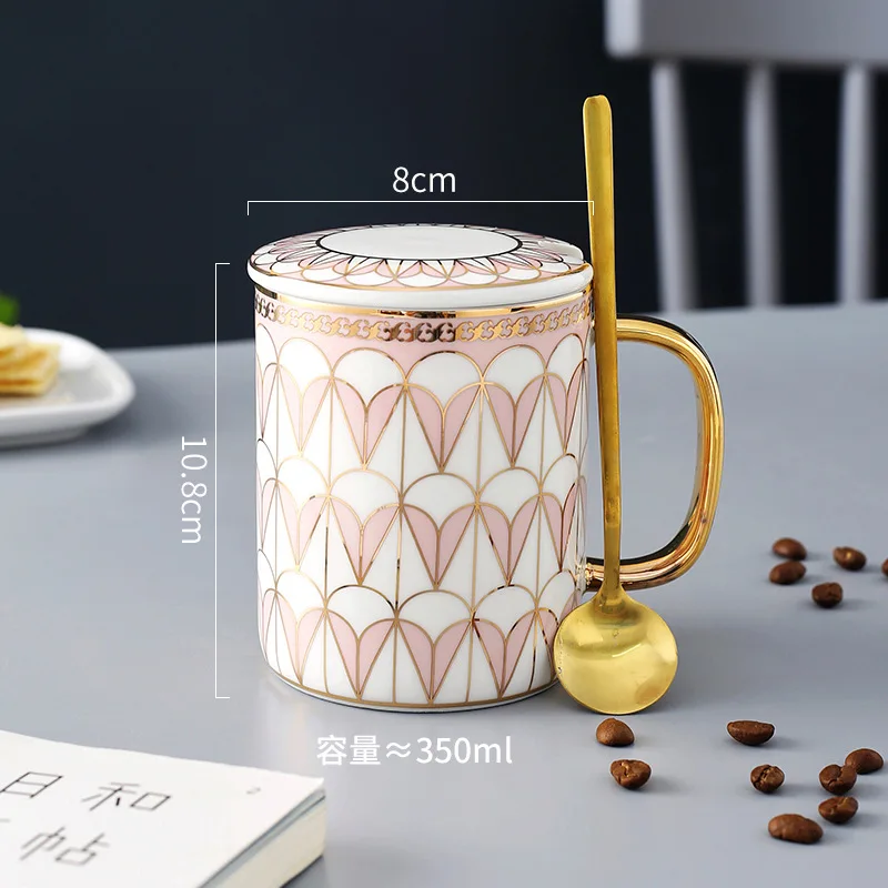 Caneca de Café de Cerâmica Criativa em Estilo Inglês com Borda Dourada e Tampa, Caneca para Chá de Escritório MDUG (estilo B 350ml)