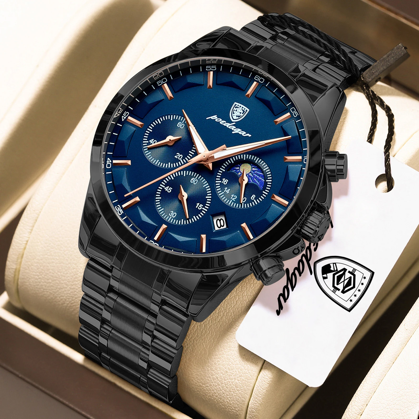 Relógio Masculino De Negócios De Alta Qualidade (preto E Azul), À Prova D'água, Em Aço Inoxidável Luminoso, Elegante.