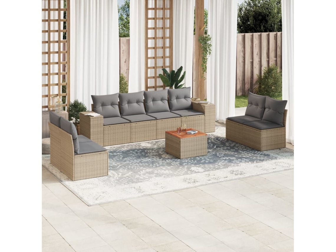 Vidaxl 9 Pcs Conjunto De Sofás P/ Jardim Com Almofadões Vime Pe Bege
