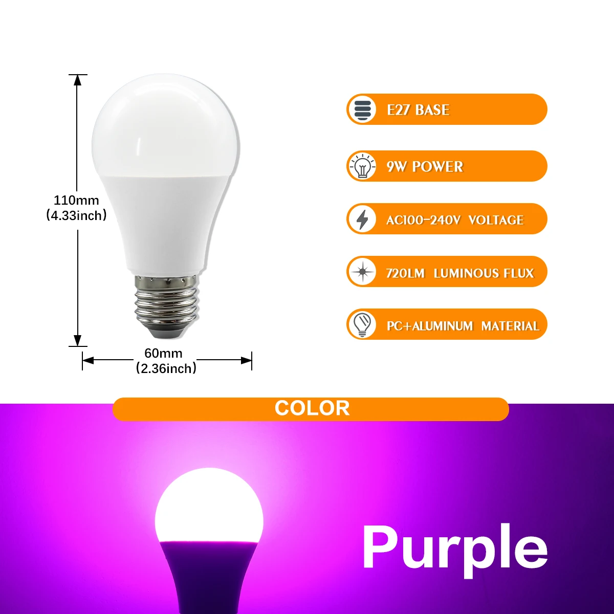 Lâmpadas Led De 9w (e27 Roxas, Pacote Com 8) Para Decoração De Interiores.