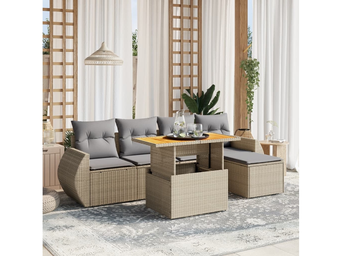 Vidaxl 6 Pcs Conjunto De Sofás P/ Jardim Com Almofadões Vime Pe Bege