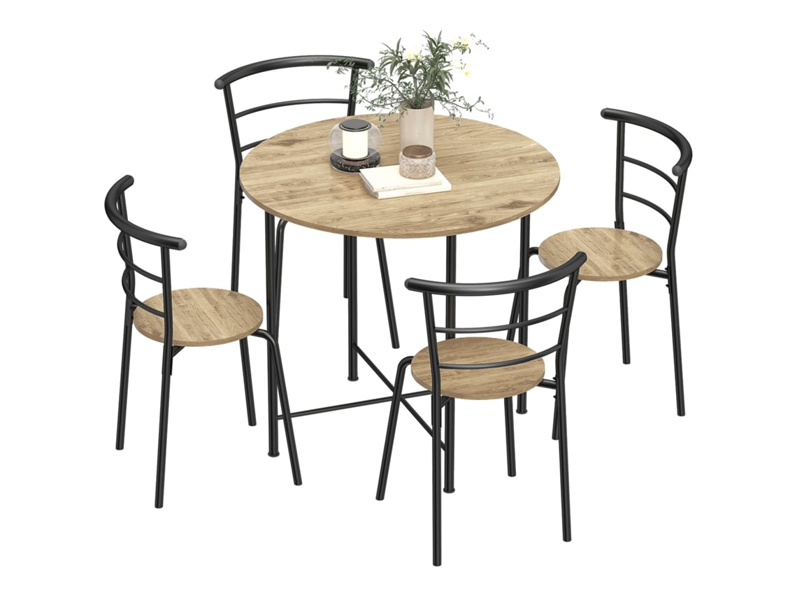 Conjunto de Mesa e Cadeiras de Refeição em Madeira e Preto 4 Cadeiras Mesa Redonda S/MARCA