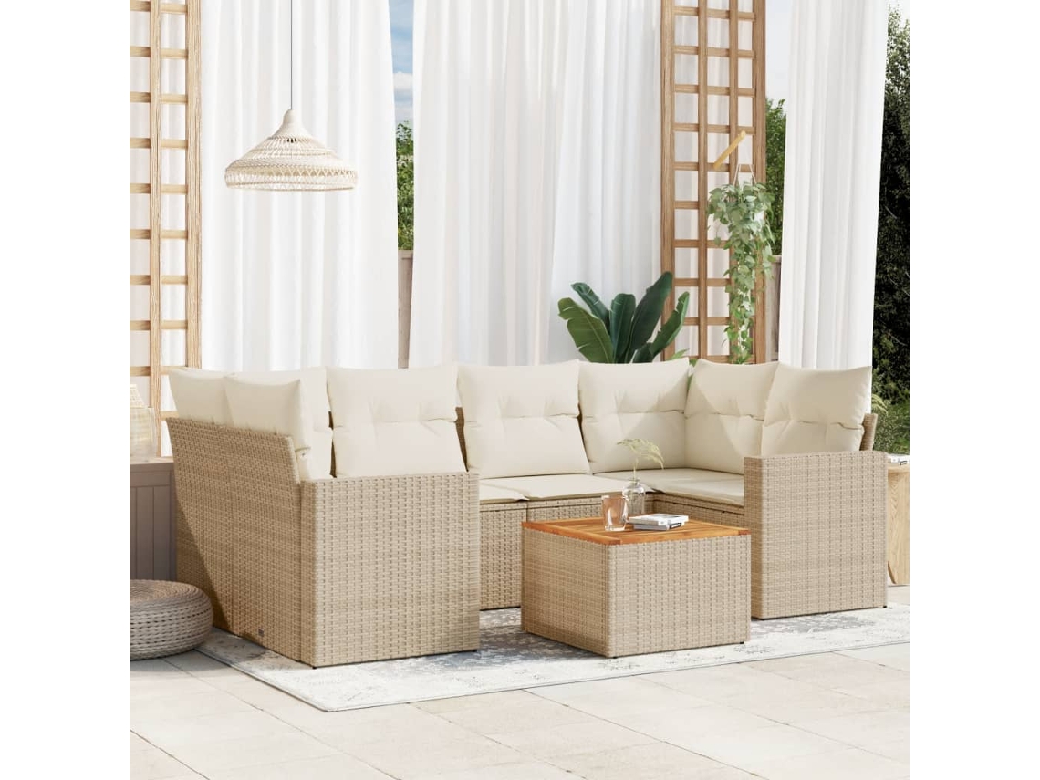 Vidaxl 7 Pcs Conjunto De Sofás P/ Jardim Com Almofadões Vime Pe Bege