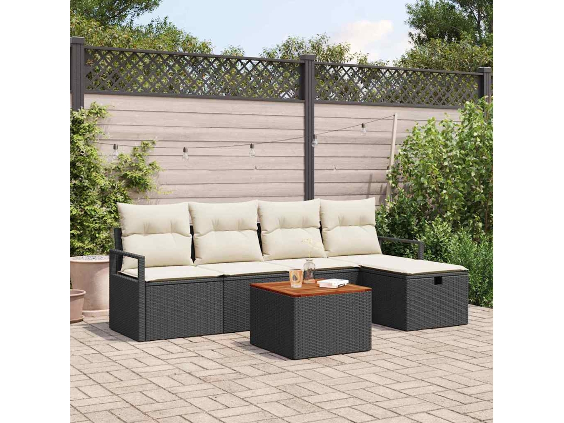 Vidaxl Conjunto De Sofá De Jardim Com Almofada 6 Pcs Preto Vime Pe