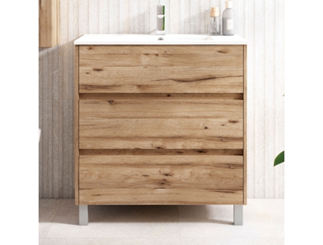 Móveis de Casa de Banho com Lavatório Mod. Sirex 100X45 Cm Acabamento Teca Claro Mate 3 Gavetas com Pés KIBATH