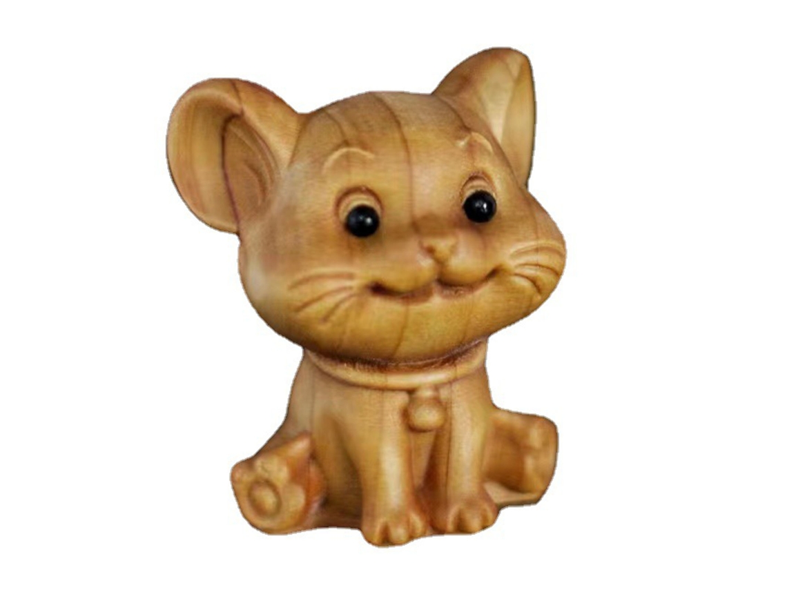 Ornamento de Rato de Madeira com Gravura Fina Figura Animal Bonita Modelo Artesanal Decoração de Casa
