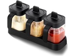 3 Frascos de Especias de Vidro com Colher e Tampa, Capacidade de 400ml, Grande para Cozinha, Bar e Cafeteria, Preto