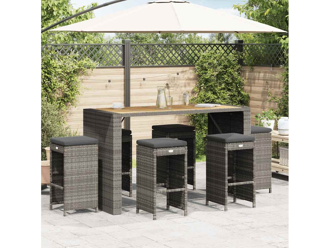 Vidaxl Bancos De Bar P/ Jardim Com Almofadões 6 Pcs Vime Pe Cinzento