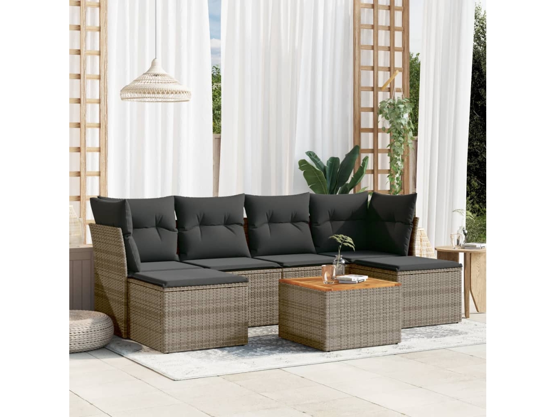 Vidaxl 7 Pcs Conjunto Sofás P/ Jardim C/ Almofadões Vime Pe Cinzento